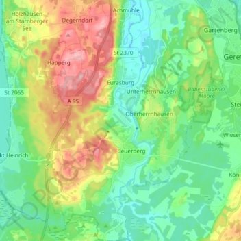 Carte topographique Eurasburg, altitude, relief