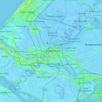 Carte topographique Rotterdam, altitude, relief