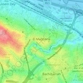 Carte topographique El Magharia, altitude, relief