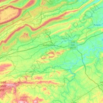 Carte topographique Wythe County, altitude, relief