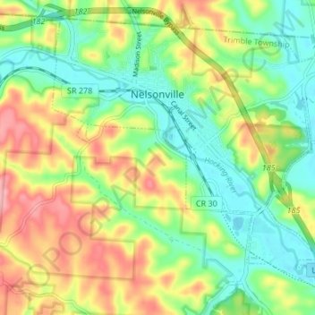 Carte topographique Nelsonville, altitude, relief