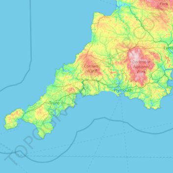 Carte topographique Cornwall, altitude, relief