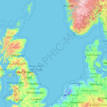 Carte topographique Mer du Nord, altitude, relief