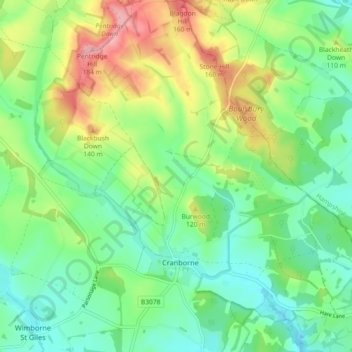 Carte topographique Cranborne, altitude, relief