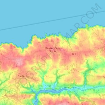 Carte topographique Beuzec-Cap-Sizun, altitude, relief
