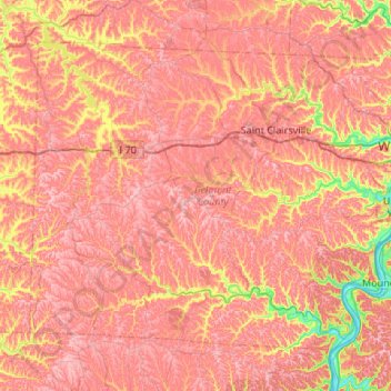 Carte topographique Belmont County, altitude, relief