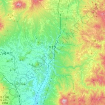 Carte topographique 岩手町, altitude, relief
