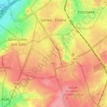 Carte topographique Ixelles - Elsene, altitude, relief