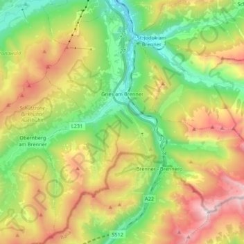 Carte topographique Gries am Brenner, altitude, relief