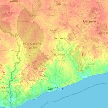 Carte topographique Bas-Sassandra, altitude, relief
