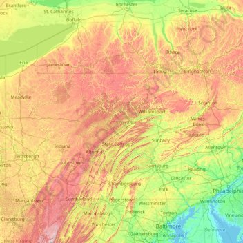 Carte topographique Pennsylvanie, altitude, relief