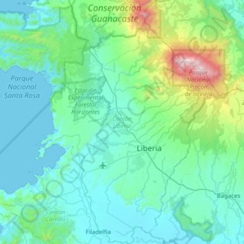 Carte topographique Cantón Liberia, altitude, relief