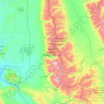 Carte topographique Mission Mountains Tribal Wilderness, altitude, relief