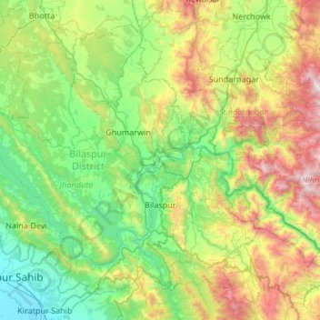 Carte topographique Bilaspur, altitude, relief