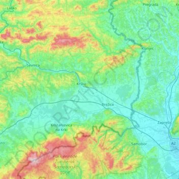 Carte topographique Lower Sava Statistical Region, altitude, relief