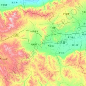 Carte topographique Guangling County, altitude, relief