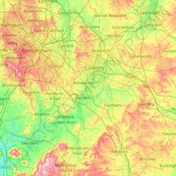 Carte topographique Warwickshire, altitude, relief