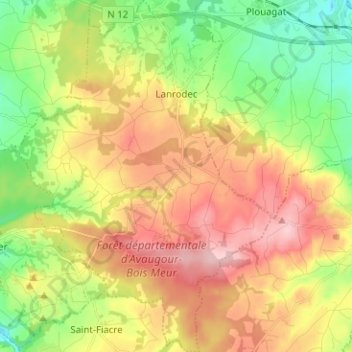 Carte topographique Lanrodec, altitude, relief