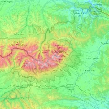 Carte topographique Tatra Mountains, altitude, relief
