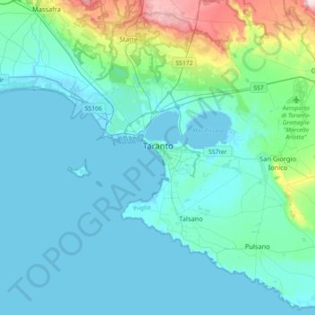 Carte topographique Taranto, altitude, relief