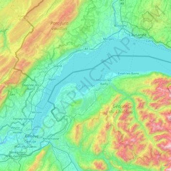 Carte topographique Lake Geneva, altitude, relief