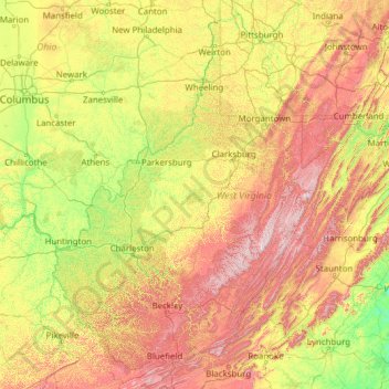 Carte topographique Virginie-Occidentale, altitude, relief