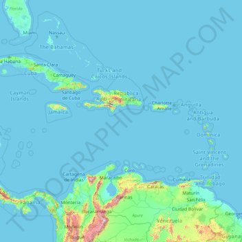 Carte topographique Antilles, altitude, relief