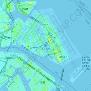 Carte topographique Aeropuerto internacional de Tokio, altitude, relief