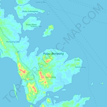 Carte topographique Pulau Rempang, altitude, relief